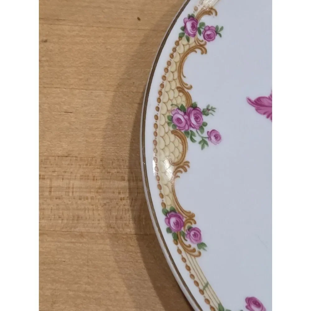 Antique Z S & Co Bavaria Pink Tulip Purple Rose Porcelain Plate Gold Rim